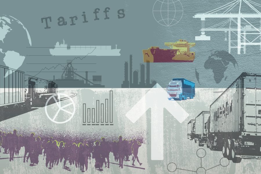 Bilde av trailer,båt, jordklode, pil, mennesker og ordet Tariffs