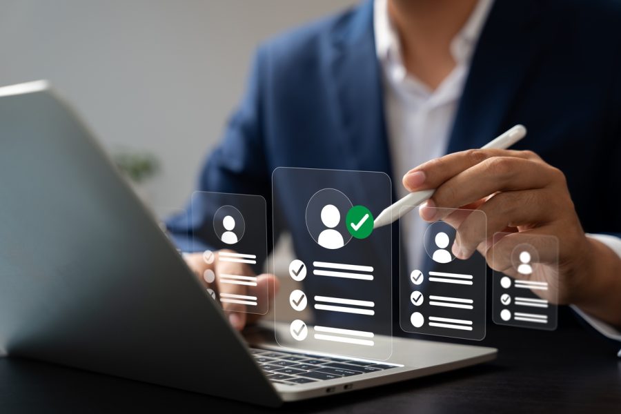 Human resource management technology (HR), Human resource manager touching human resource network structure and checks the CV online to choose the perfect employee for company, Effective recruitment.