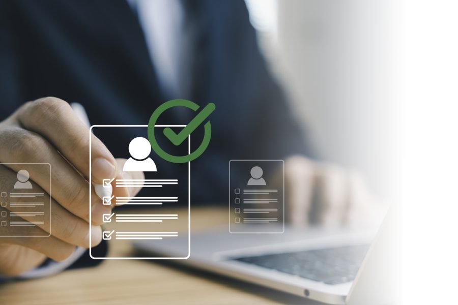 Human resources recruitment and candidate selection with digital checklist, businessman choosing employee profile HR technology  hiring process job application and online workforce management.